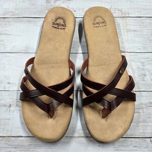 G.H. Bass Sunjuns Sandals Women 11M Brown Sharon II Leather Strappy Thong Slide